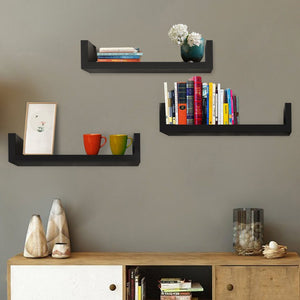 Floating Shelves | Ledge Bookshelf | Wall Mounted | Floating U Shaped Shelves | Modern Home Decor | Set of 3 Black
