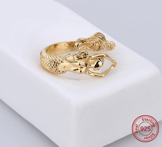 Authentic 925 Sterling Silver Mermaid Ring - Gold Color