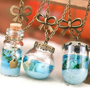 Vintage Mermaid Tears, Shells, and Star Vial - Enclosed in a Blue Sea Ocean Glass Wish Bottle